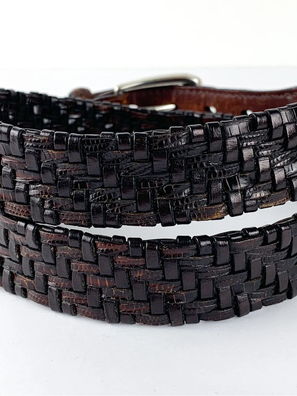 Vintage Brighton woven leather belt brown & black with reptile embossing size 36